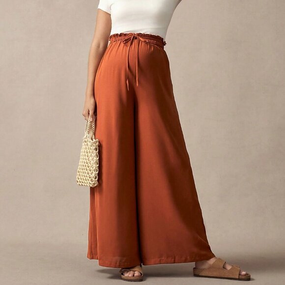 Maternity Rust Brown Casual Women's High Waist Wide Leg Pants - Picture 5 of 7